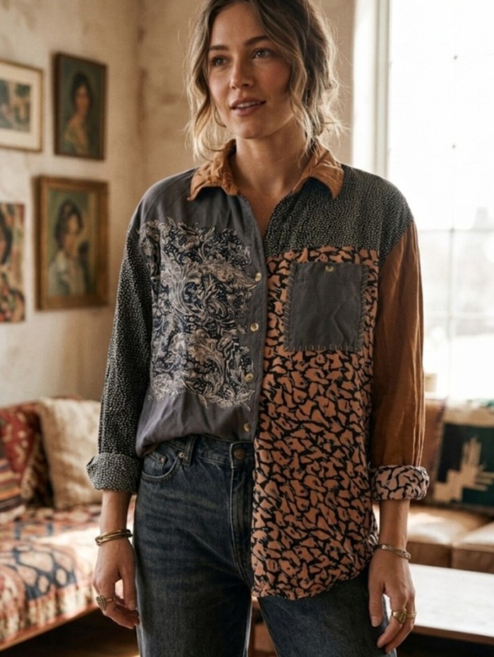 Vintage Together Eclectic Boho Tan Black Paisley Animal Print Button Down Top M